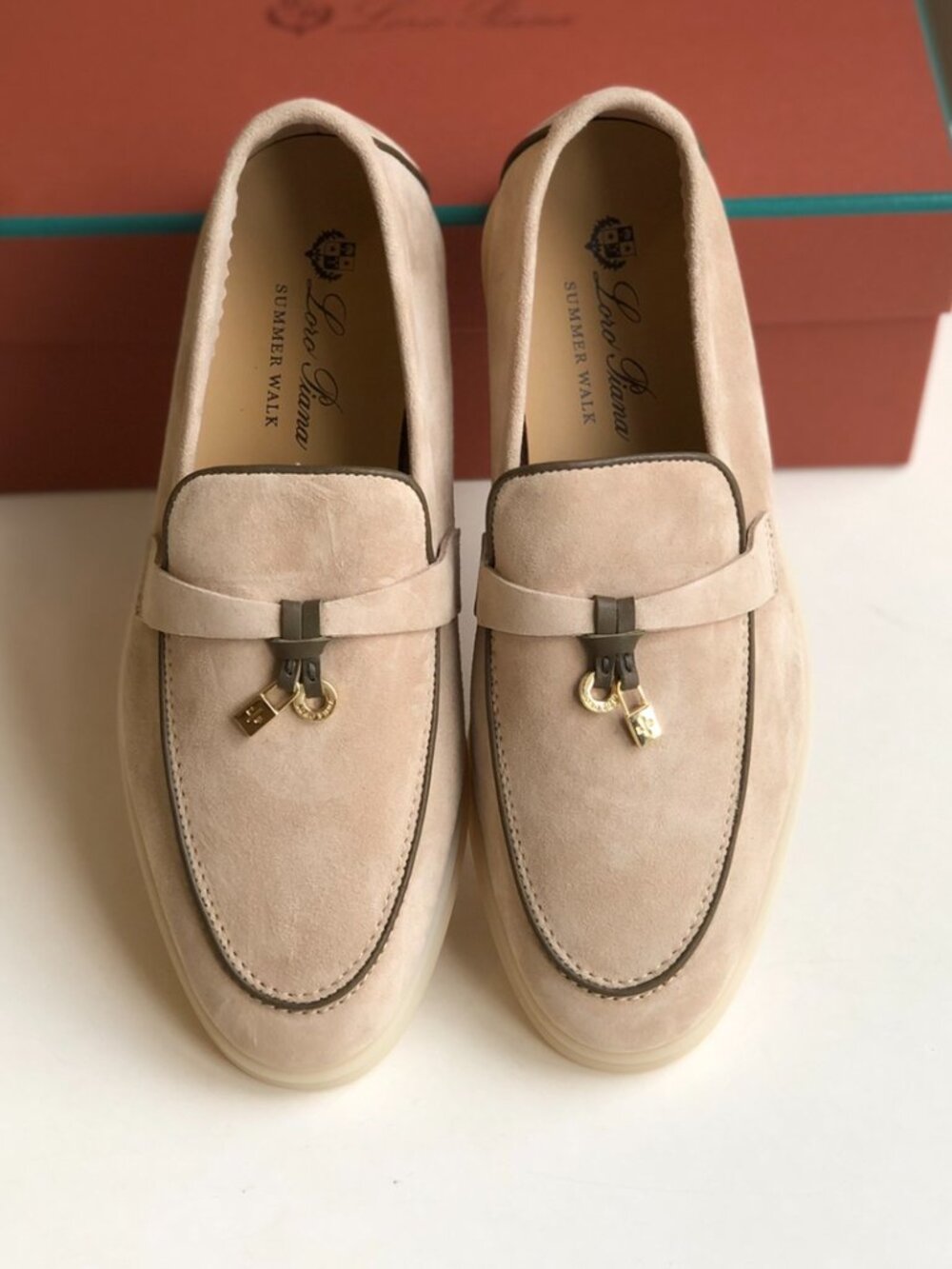 Loro Piana Sand-Gray Loafers with Gold Buckles